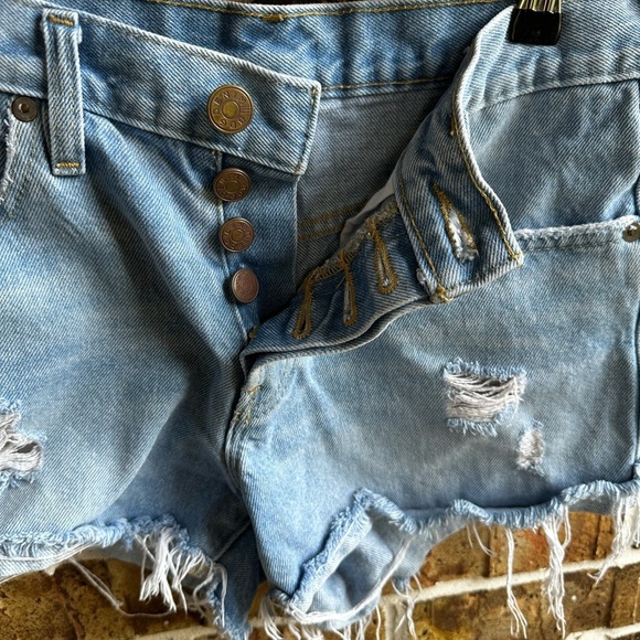 BDG Blue Distressed Jean Shorts with Frayed Hem - Picture 5 of 6